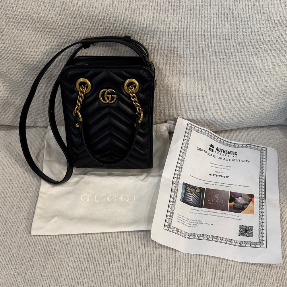 Gucci GG Marmont Black Quilted Crossbody with Gold Hardware. NEW